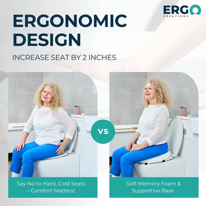 Comparison of a woman sitting on a toilet with and without the Ergo Creations padded toilet seat cushion
