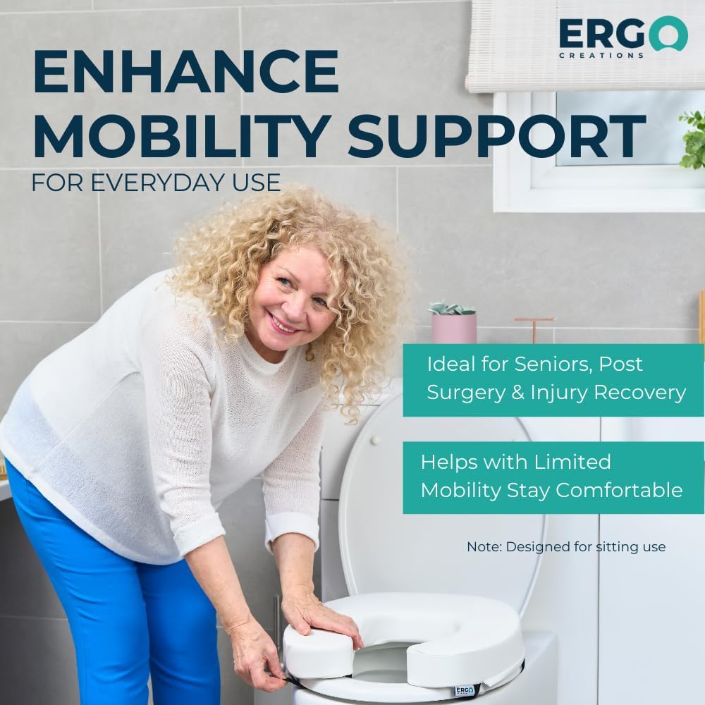Demonstrating the Ergo Creations padded toilet seat cushion, ideal for seniors, post-surgery recovery, and limited mobility support