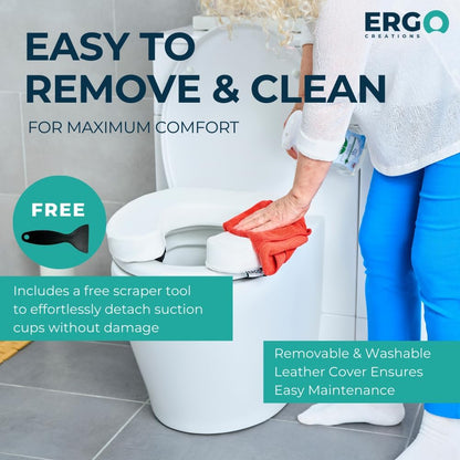 Ergo Creations padded toilet seat cushion showing removable and washable leather cover for easy maintenance and suction cup removal.